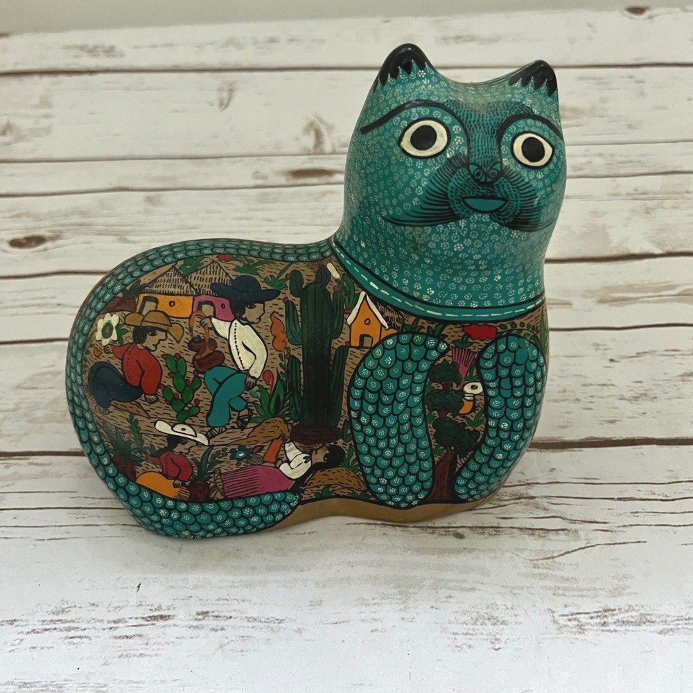 Mexican Folk Art Cat Figurine Teal Hand Painted Village Scene Pottery 6.5in